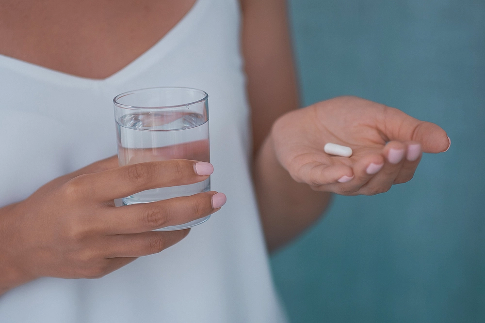 close up of someone about to take a pill with a glass of water in hand